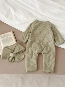 Infant winter quilted romper set with matching scarf, warm and cozy baby one-piece apparel.