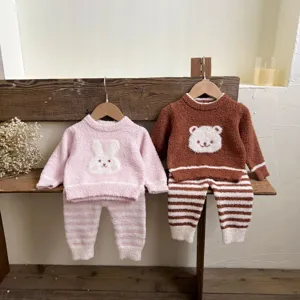 Cute infant fuzzy fleece lounge set toddler winter warm sleepwear cute cartoon bear rabbit