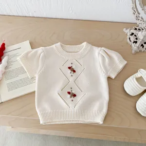 Cute baby knit short sleeve top cream white cotton sweet embroidered toddler sweater