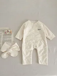 Baby winter quilted romper set, cozy thick warm newborn onesie with matching bib, beige.