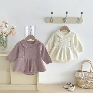 Baby girl knit romper dress long sleeve ruffles infant bodysuit cute autumn winter apparel