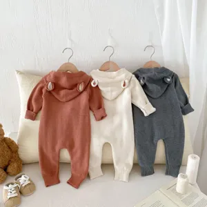 Cute baby knitted hooded romper autumn long sleeve infant jumpsuit with bear ears detail
