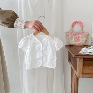 Infant baby white floral embroidered short sleeve cardigan, delicate details for summer.
