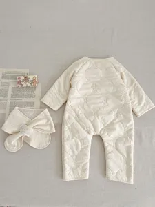 Infant quilted winter romper with matching scarf, cozy thick thermal baby jumpsuit, beige