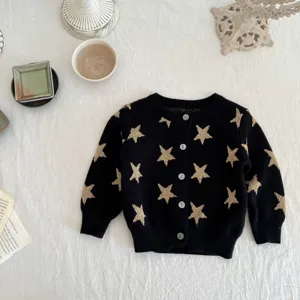 Infant baby girl knit cardigan sweater with gold stars pattern, soft cotton long sleeve top.