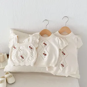 Baby knit cotton crochet romper and vest set, cute infant clothes for daily toddler wear.