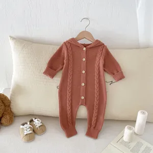 Cute infant baby knitted hooded romper autumn newborn long sleeve solid color jumpsuit.