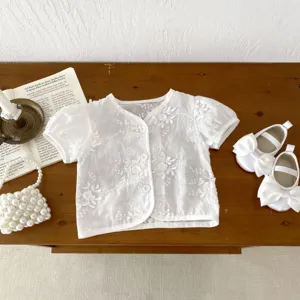 Infant baby white embroidered short sleeve cardigan jacket for summer daily wear.