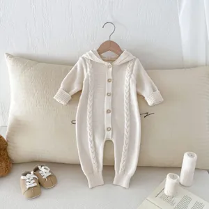 Autumn baby knit hooded romper, cute newborn cotton jumpsuit, stylish infant sweater clothes.