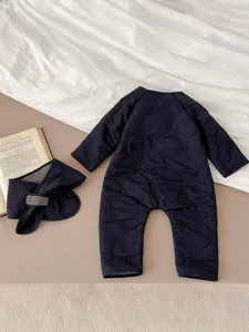 Baby winter thick quilted jumpsuit with matching scarf set, cozy warm infant long sleeve romper.