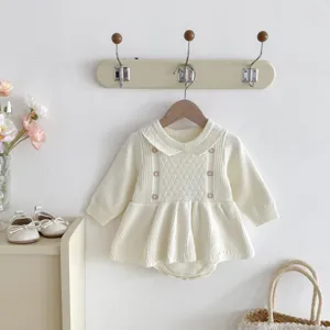 Charming baby girl knit romper dress with long sleeves, cute ruffles and collar. Soft and cozy.