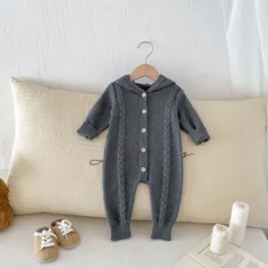 Baby knit romper grey hooded jumpsuit cute newborn infant cotton clothes with wooden buttons