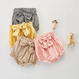 Jolis shorts à carreaux pour bébés filles avec nœud barboteuse été en quatre couleurs