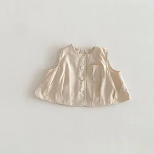 Gilet bébé en coton lin avec boutons, joli haut sans manches décontracté pour nourrisson.