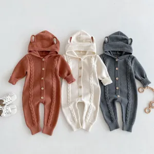 Cute baby knit romper with bear ear hood, comfortable cotton long sleeve infant jumpsuit.