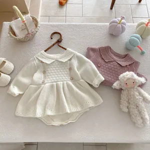 Baby girl knit romper dress autumn winter long sleeve cute ruffled infant bodysuit detailed view