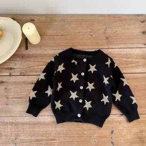 Baby infant black knitted cardigan sweater with gold star pattern long sleeve toddler top