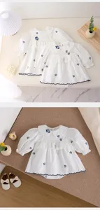 Neonato bambina manica lunga colletto in pizzo vestito tutina ricamata vista dettagliata.