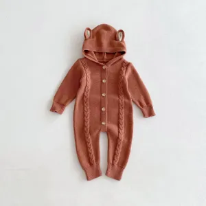 Cute baby knit romper with adorable bear ears and front buttons for autumn daily wear.