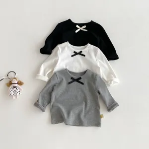 Toddler girls long sleeve t-shirt ribbed cotton crewneck cute bow detail casual children top