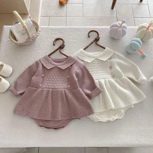 Baby girl knit romper dress, long sleeve ruffled infant bodysuit, cute autumn winter outfit.
