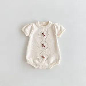 Baby knit romper short sleeve cream color handmade embroidery cute infant bodysuit apparel