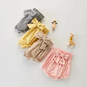 Joli short bouffant à carreaux pour bébé fille avec grand nœud, confortable vêtement d'enfant