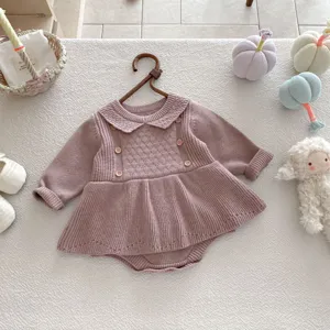Cute baby girl knit romper long sleeve ruffle collar infant bodysuit autumn apparel.