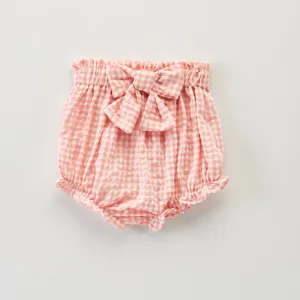 Short bloomer bébé à carreaux vichy roses avec joli nœud et taille élastique volantée.