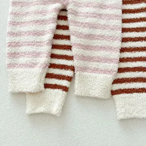 Cozy baby fluffy striped loungewear set detail, soft winter toddler sleepwear pajama top or pants.