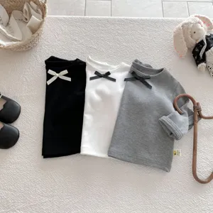 Cute girls long sleeve bow t-shirt autumn kids casual crew neck versatile top clothing