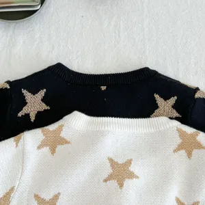 Infant baby knit sweater cardigan with cute gold star pattern, soft cotton long sleeve top.