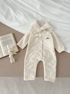 Infant baby winter thick warm quilted jumpsuit with cute bow collar, soft cotton material.