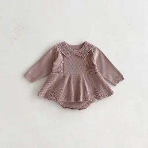Infant baby knitted ruffle romper detail view, soft long sleeve dress bodysuit for cold seasons.