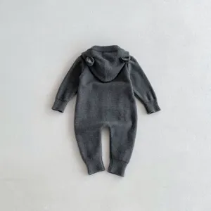 Baby knitted romper with hood and cute bear ears, dark grey toddler jumpsuit for autumn.