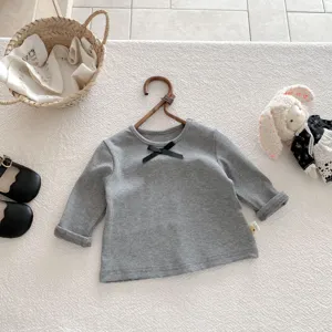 Baby girls grey long sleeve t-shirt cute bow collar ribbed toddler casual top clothing