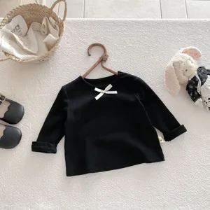 Toddler girls black long sleeve t-shirt cute bow round neck basic fall tops for kids