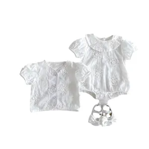 Cute baby infant summer white lace embroidered short sleeve romper cardigan outfit sets for girls