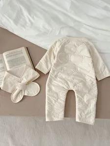 Infant baby winter quilted romper and hat set, cozy warm cotton one-piece jumpsuit.