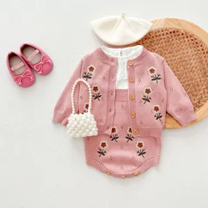 Dettagli set cardigan tutina neonata bimba, ricamo floreale grazioso vestito bimba