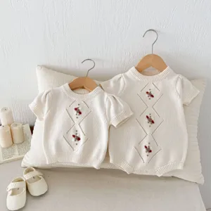 Baby knit cotton crochet romper and top set, cute handmade floral diamond knit toddler wear.