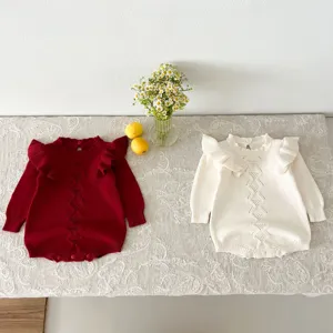 Neonato Bambina Autunno Inverno Tutina Lavorata a Maglia Carino Volant Manica a Volant Pullover Cotone Body