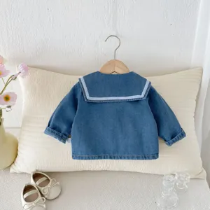 Baby girl soft denim jacket with cute sailor collar and contrast trim details for autumn daily wear.