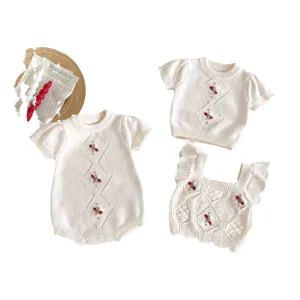 Baby knit romper top vest set off white cotton hollow out cute infant clothes main image