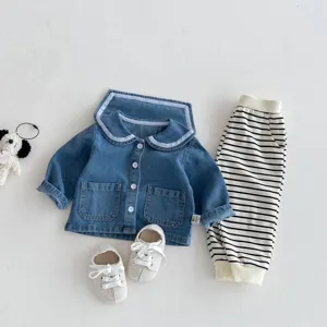 Baby denim jacket set with striped pants and shoes, cute infant outfit for autumn daily wear.