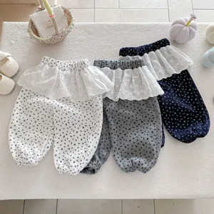 Cute floral baby pants with white lace ruffles, comfortable toddler long trousers for autumn.