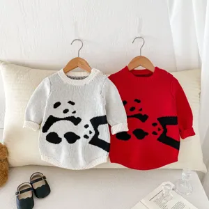 Detailed view of cute baby knitted romper featuring charming panda design and soft fabric texture.