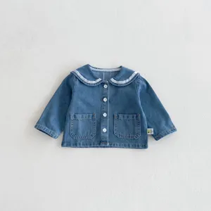 Cute baby girl denim jacket featuring classic sailor collar and front buttons detail.