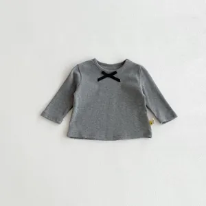 Grey ribbed long sleeve toddler girls t-shirt with cute black bow detail shot