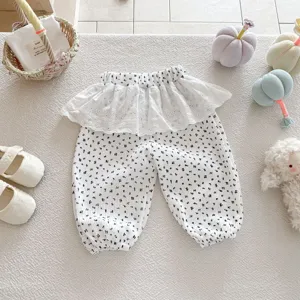 Cute baby girl floral pants with lace ruffle waistband, comfortable toddler autumn bottoms.